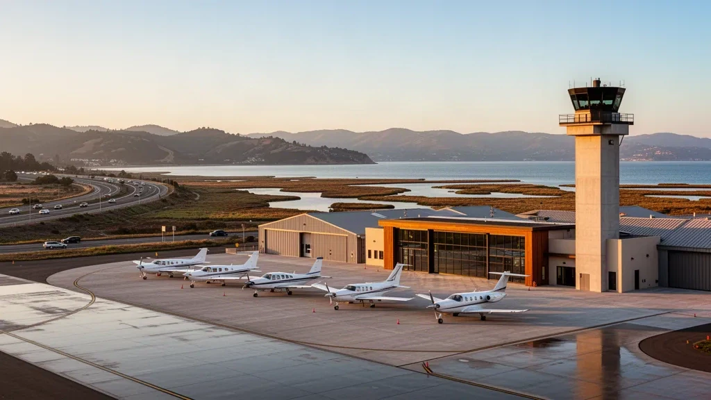 Plataforma de aviación general y torre de control en el aeropuerto de San Carlos, California, con aviones ligeros y marismas de la bahía en la hora dorada