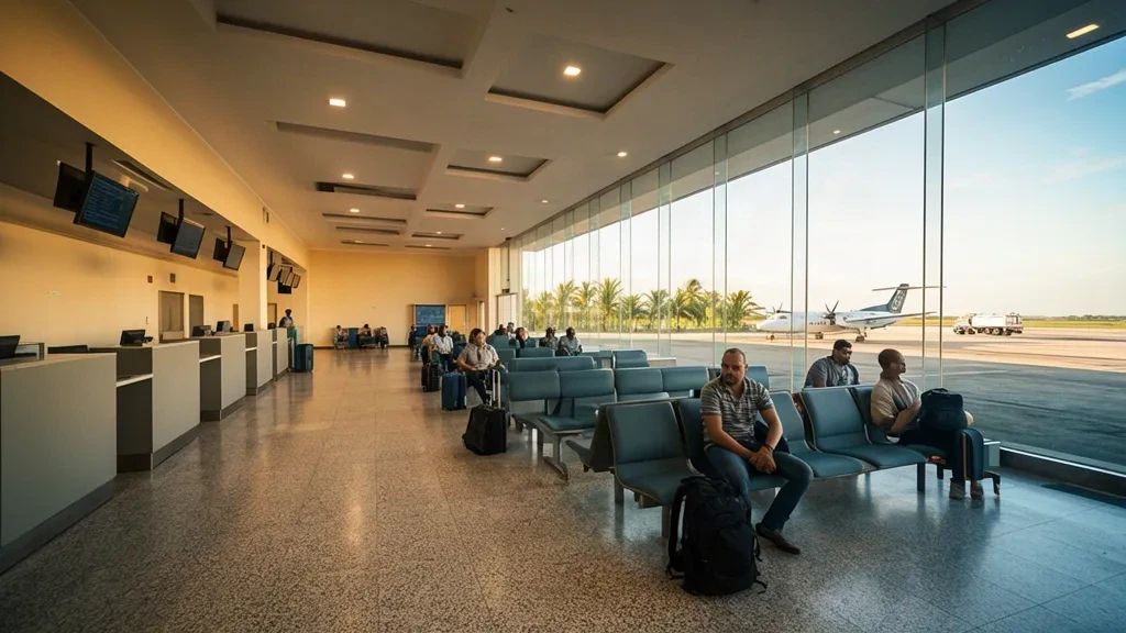 Intérieur du terminal de l'aéroport de Palo Verde avec comptoirs d'enregistrement, sièges d'attente bleus et lumière du jour traversant les parois vitrées