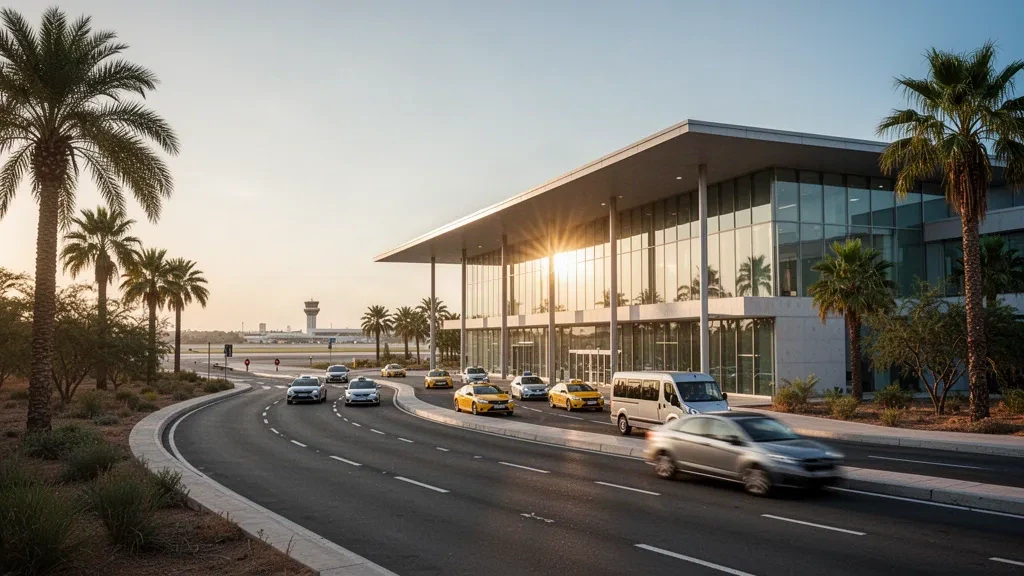 Moderno terminal aeroportuale in vetro con corsie di scarico e strade di accesso durante l'ora d'oro a Palo Verde