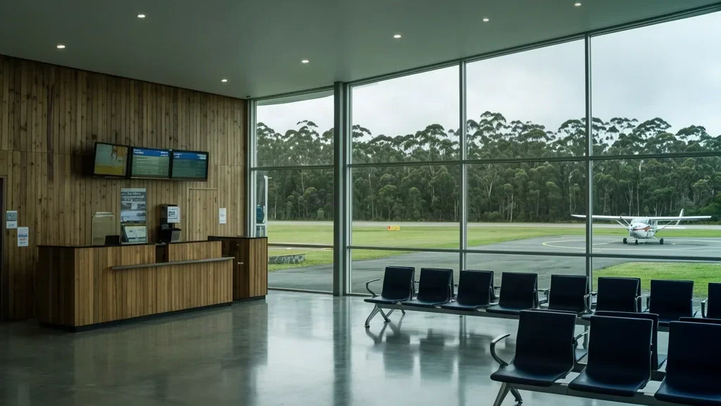 Interno del terminal dell'aeroporto di Strahan in Tasmania, con la piccola sala partenze regionale e l'area check-in con vista sul campo di volo.