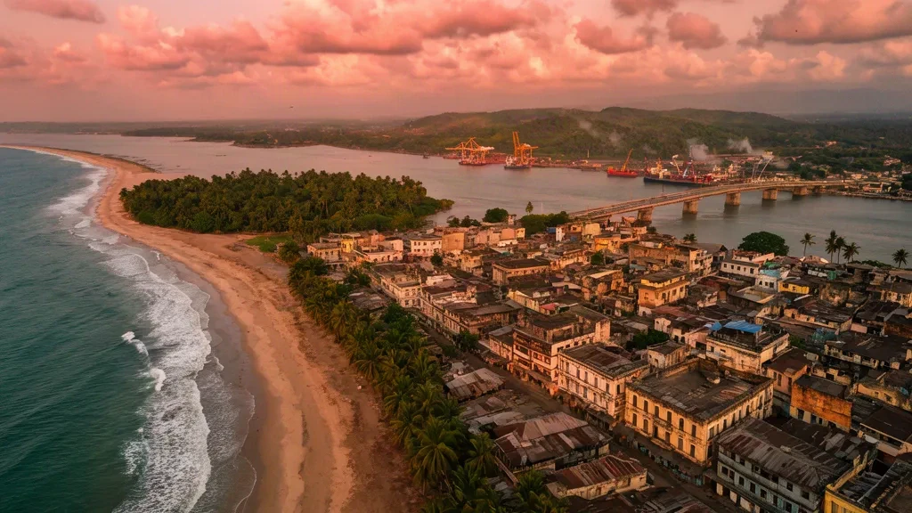Aerial golden-hour view of Monrovia, Liberia, showing the coastal skyline, Atlantic shoreline and busy waterfront harbor