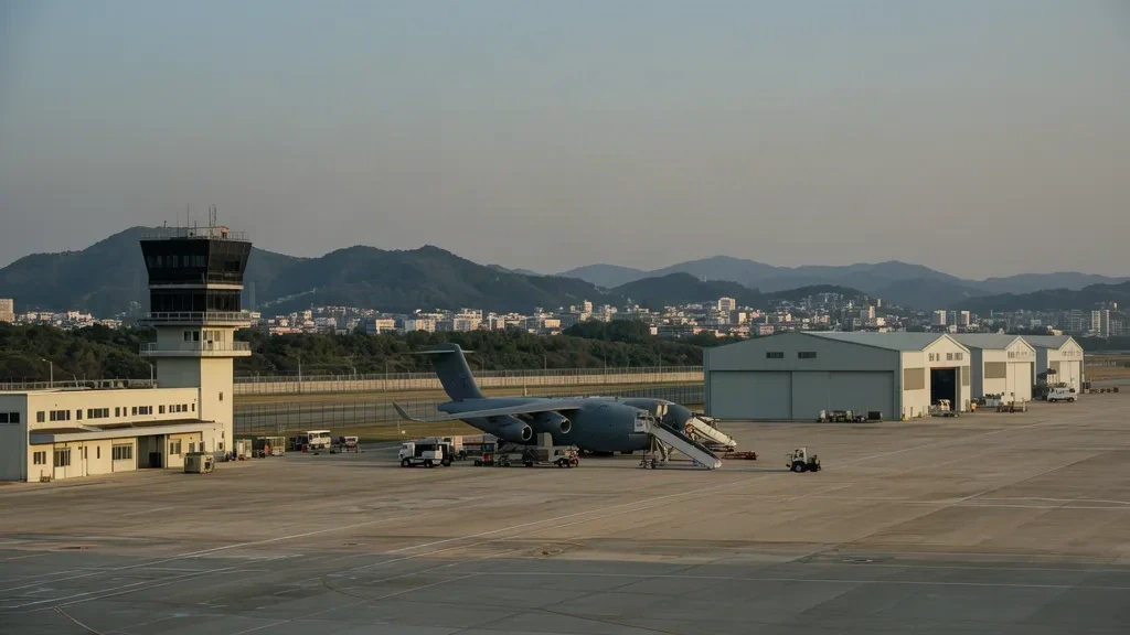 Vista de la plataforma de la Base Aérea de Seúl K-16 en Seongnam con una torre de control, hangares y un avión de transporte estacionado