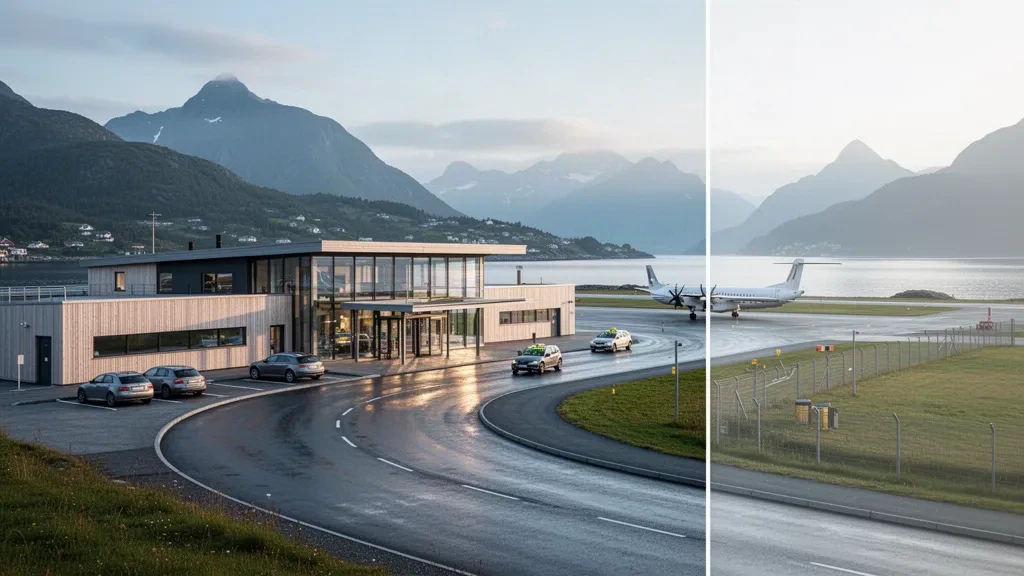 Terminal moderno in vetro e corsia di sosta all'aeroporto di Stord, Sørstokken, con panorama sul fiordo e sulle montagne della Norvegia occidentale durante l'ora d'oro