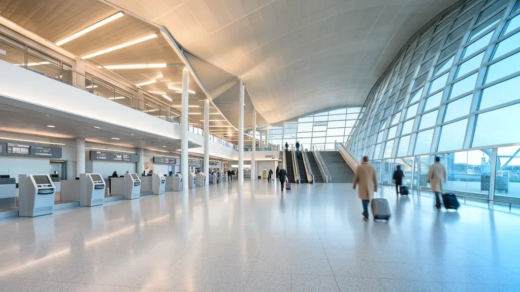 Interno moderno del terminal dell'Aeroporto di Stoccarda STR con banchi check-in, facciata in vetro e viaggiatori in morbida luce diurna