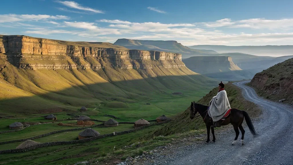 Cavaliere basotho accanto a una strada sterrata tortuosa attraverso gli altopiani verdi del Lesotho sotto la luce dorata del tardo pomeriggio