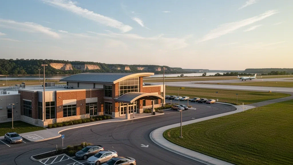 Terminal moderna de vidrio y ladrillo y carril de descenso en el Aeropuerto Rosecrans Memorial en St. Joseph, Missouri, a la hora dorada con los acantilados del río Missouri al fondo.