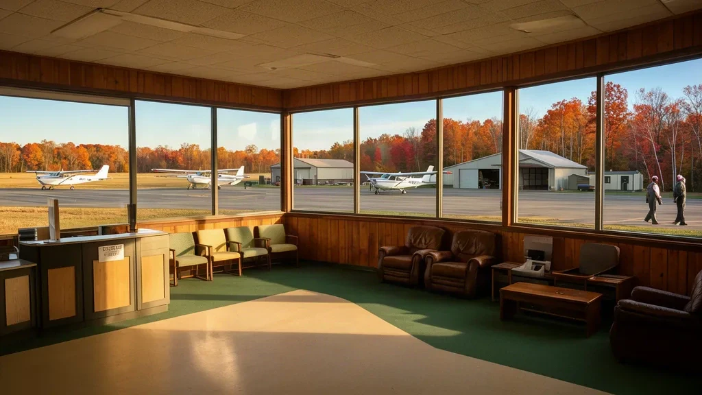 Interior de la terminal del Aeropuerto Door County Cherryland en Sturgeon Bay, Wisconsin, con grandes ventanales que dan a la plataforma de aviación general y a los hangares