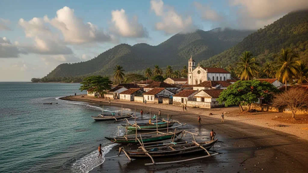 Pante Macassar in Oecusse, Timor-Leste, mit Fischerbooten am Strand und bewaldeten Bergen, die in der goldenen Stunde hinter der Küstenstadt aufragen