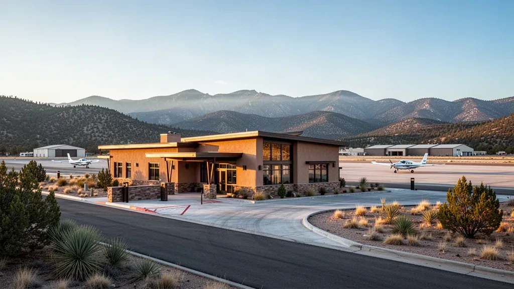 Piccolo terminal regionale e sfondo di montagne desertiche presso l'aeroporto di Grant County vicino a Silver City, New Mexico, nella luce dell'ora dorata