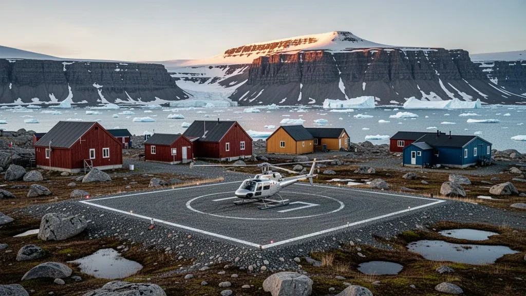 Small Arctic helipad at Savissivik, Greenland, with a helicopter, rocky tundra and icy bay beneath rugged mountains in polar evening light