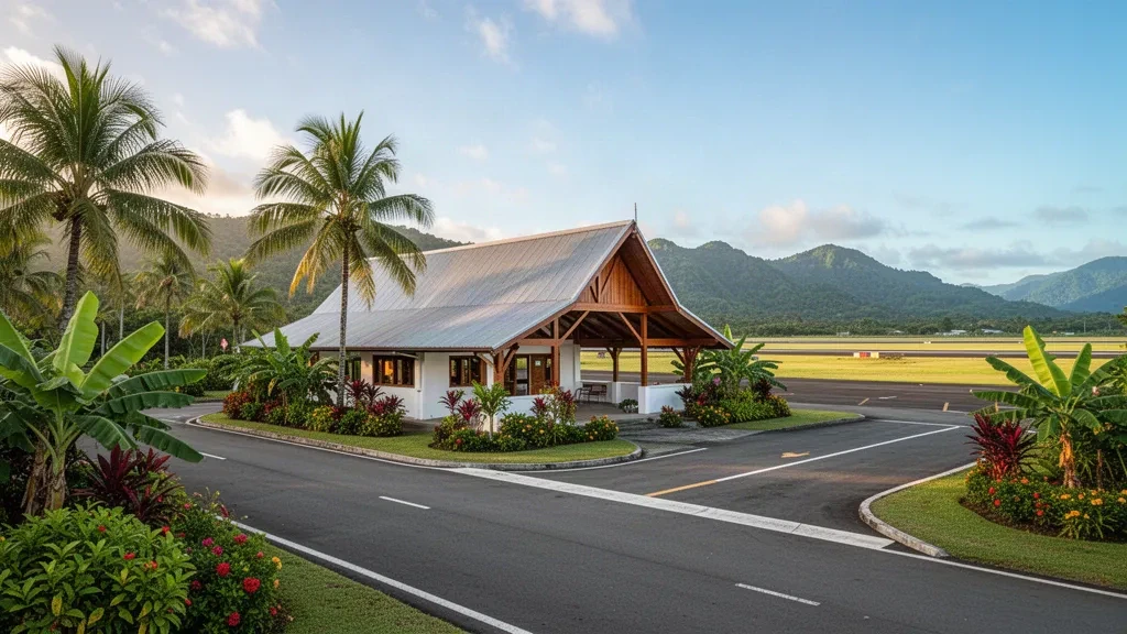 Terminal y pista del aeropuerto tropical de Savusavu en Fiyi con palmeras y montañas verdes bajo una suave luz matutina.