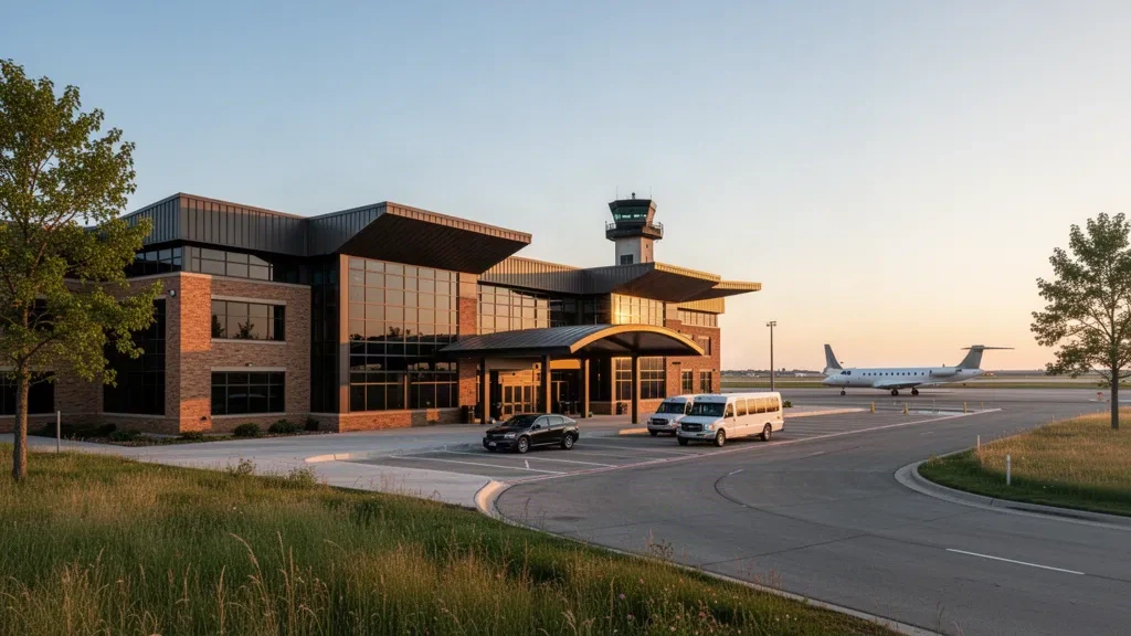 Exterior moderno de la terminal de vidrio y ladrillo en el aeropuerto Sioux Gateway en Sioux City, Iowa, iluminado en la hora dorada con un avión regional en la plataforma