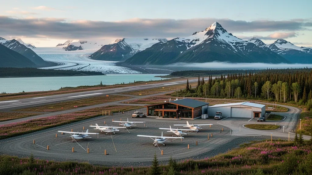 Piccola pista in ghiaia, hangar e aerei leggeri parcheggiati all'Aeroporto di Seward in Alaska, incorniciati dalle Chugach Mountains e dalla Resurrection Bay