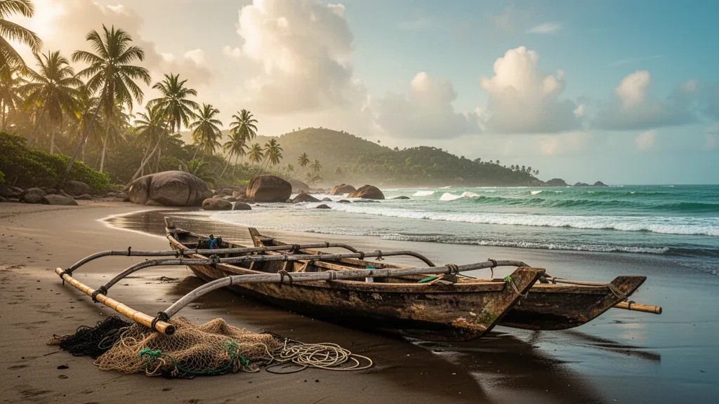 Wooden fishing canoes and leaning palms on the Atlantic beach at Robertsport, Liberia, lit by warm late afternoon light