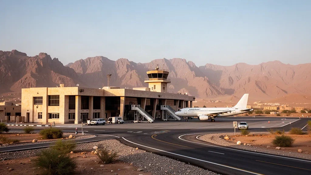 Kleines regionales Terminal und abgestellte Flugzeuge am Flughafen Sadah in der Hochebene und Wüste Jemens, umgeben von felsigen Bergen in warmem Nachmittagslicht.