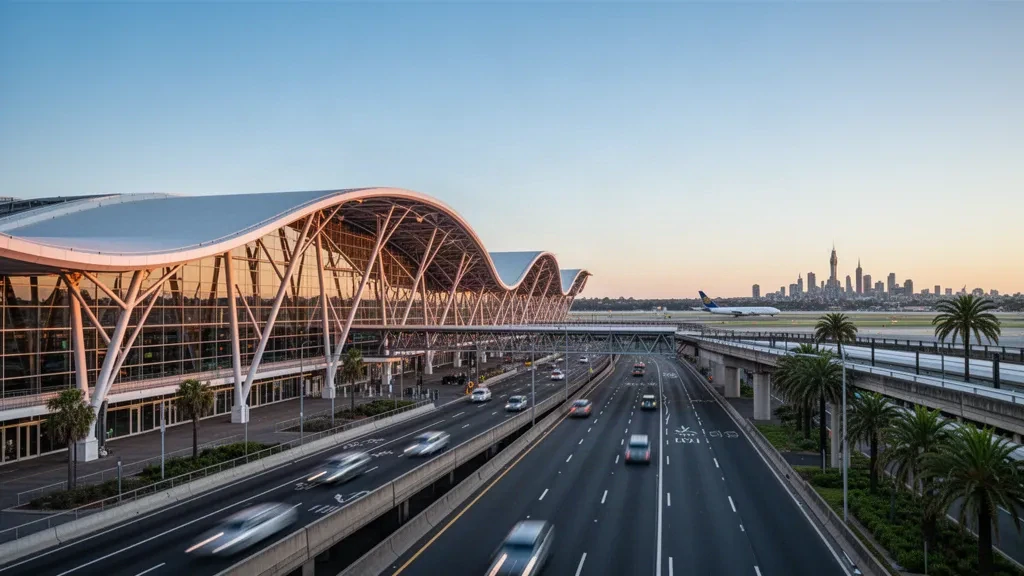 Esterno del terminal dell'aeroporto internazionale Sydney Kingsford Smith al tramonto con architettura moderna in vetro e strade d'accesso