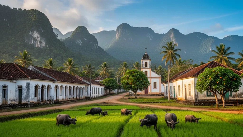 Edifici di epoca coloniale e palme nella città di Viqueque, Timor Est, incorniciati da risaie verdi e montagne boscosse