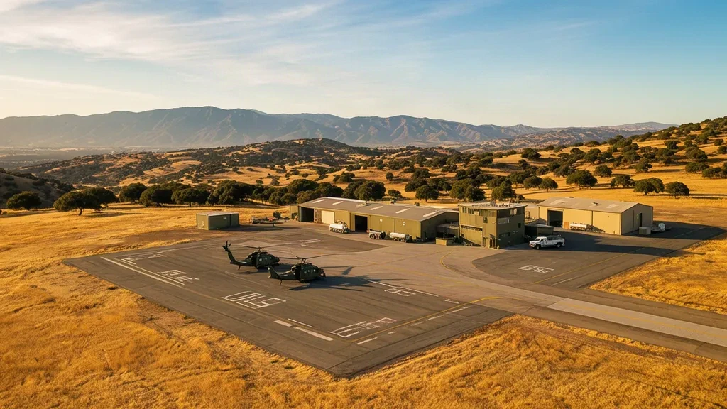 Luftaufnahme des Roberts Army Heliport SYL in Camp Roberts, Kalifornien, mit Armeehubschraubern auf Asphaltpads inmitten goldener Eichenhügel