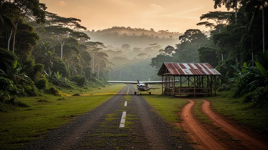 Pista de aterrizaje remota en la selva amazónica del Aeropuerto de Shiringayoc en Perú, con una aeronave ligera, pista de césped y selva densa a la hora dorada