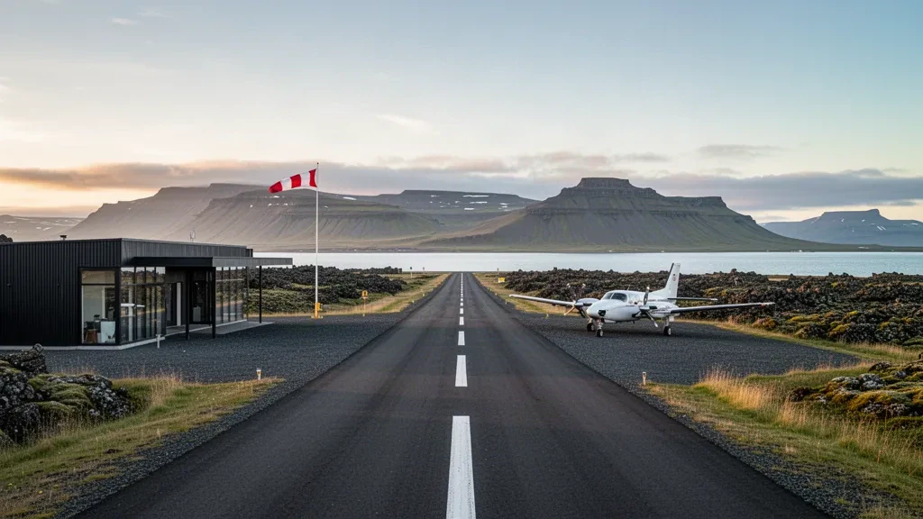 Quiet regional airfield near Stykkishólmur, Iceland, with a small runway, modest terminal and mountains under soft Nordic light