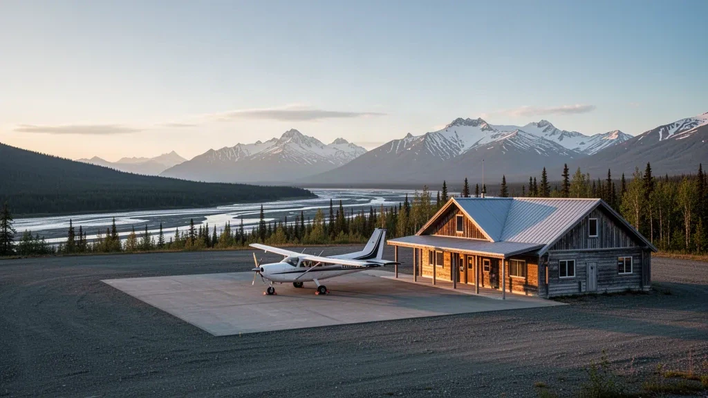 Vue à l'heure dorée du tablier de gravier, du terminal en bois et d'un avion de brousse stationné à l'aéroport Ralph M. Calhoun Memorial à Tanana, en Alaska