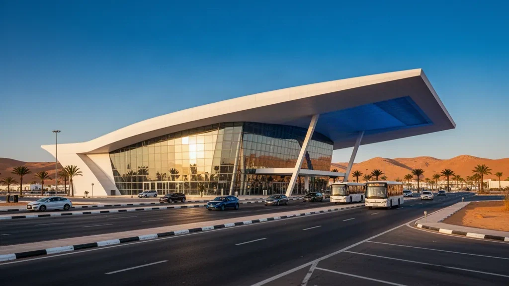 Esterno di un moderno terminal aeroportuale con facciata in vetro e zona di sosta in Oran, Algeria, illuminato da una calda luce dorata
