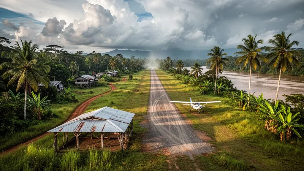 Graspiste und Regenwaldrand am Flughafen Timbunke im Tiefland der East Sepik Province in Papua-Neuguinea bei tropischem Nachmittagslicht