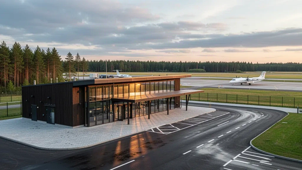 Extérieur moderne du terminal en verre et bois de l'aéroport de Tartu en Estonie, entouré d'une forêt de pins sous la douce lumière du soir balte