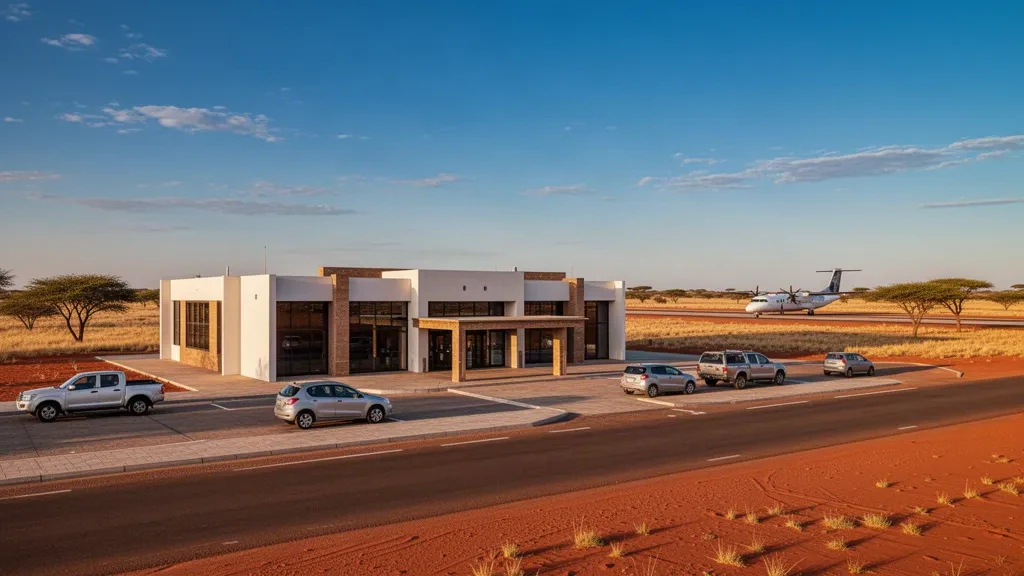 Pequeña terminal y pista del aeropuerto regional de Tshabong en la sabana del Kalahari de Botsuana a la hora dorada.