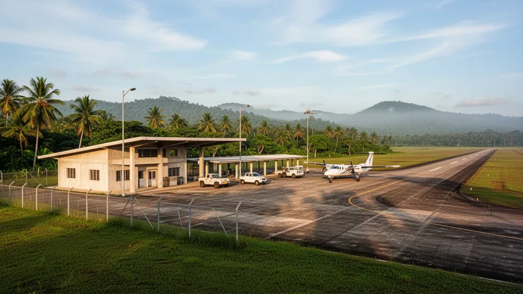 Petit terminal régional tropical et piste de l'aéroport de Tocoa au Honduras, entourés de palmiers sous la douce lumière de fin d'après-midi