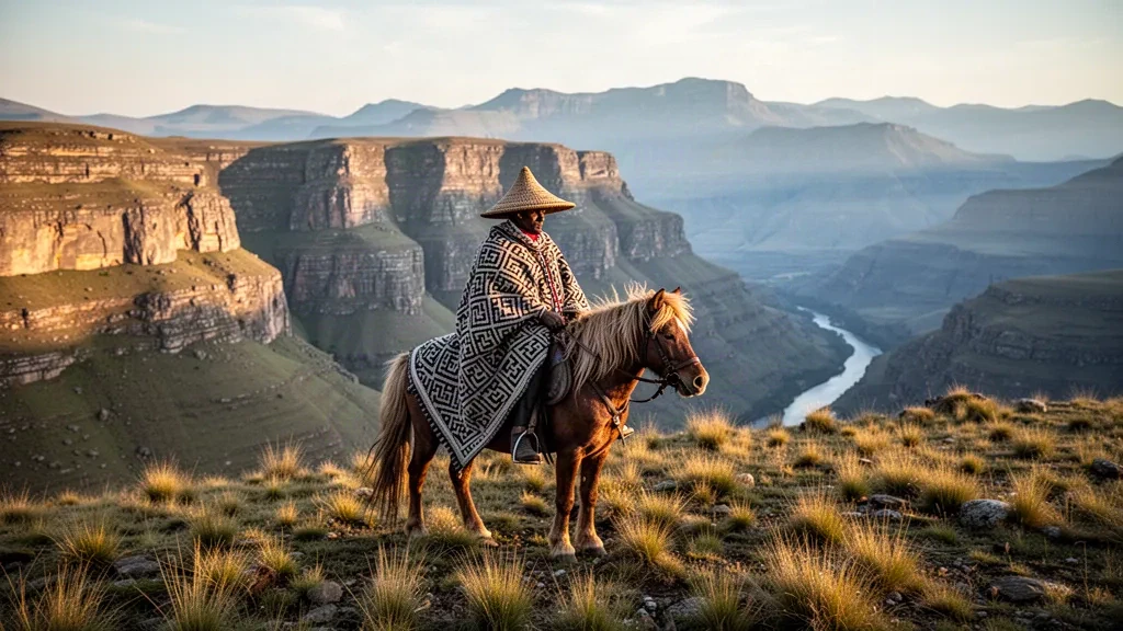 Lesotho'daki Maloti Dağları'nın yüksek çayırlarında geleneksel battaniyeli Basotho atlısının altın saatte at sürüşü