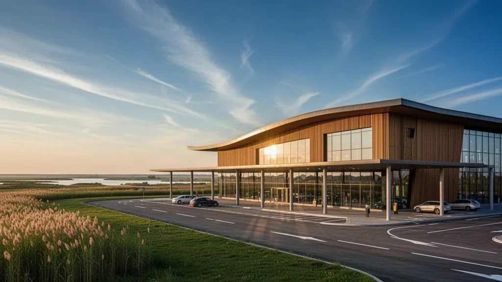 Esterno moderno del terminal in vetro e legno dell'aeroporto del Delta del Danubio di Tulcea, in Romania, con luce dorata sul piazzale e sulle corsie di sosta.