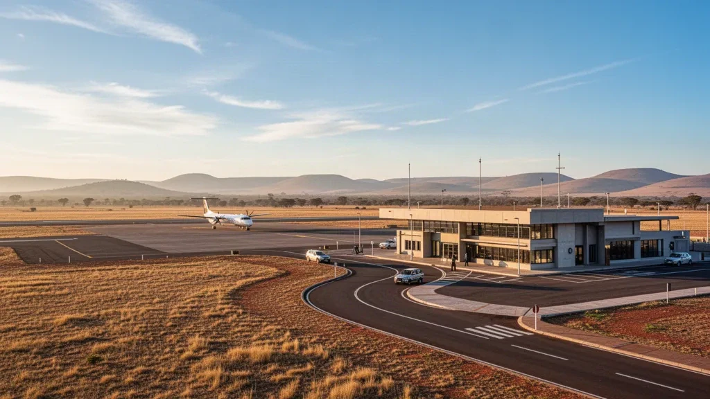 Vue panoramique à l'heure dorée d'un petit terminal d'aéroport régional, d'une piste et d'une prairie sèche à l'aéroport de Thaba Nchu Tar, État libre, Afrique du Sud.