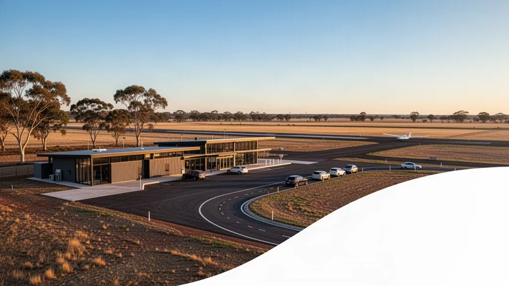 Amplia vista al atardecer del aeropuerto de Tocumwal con una terminal regional, una pista y una carretera de acceso en la zona rural de Nueva Gales del Sur.