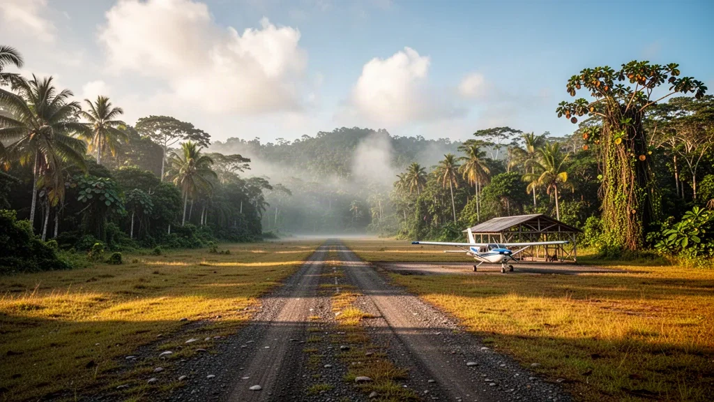 Pista di atterraggio erbosa tropicale remota all'aeroporto di Torembi nell'East Sepik, Papua Nuova Guinea, delimitata dalla foresta pluviale e dalla nebbia mattutina
