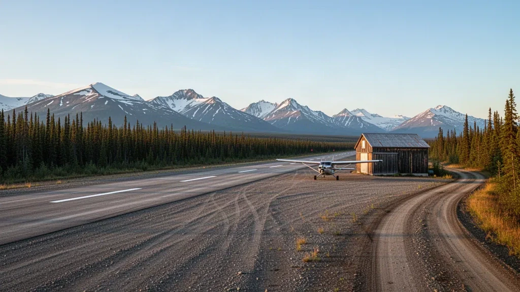 Abgelegener Flughafen Takotna in Alaska mit Schotterpiste, kleinem Buschflugzeug, Holzhangar, Fichtenwald und fernen Bergen in sanftem Tageslicht.