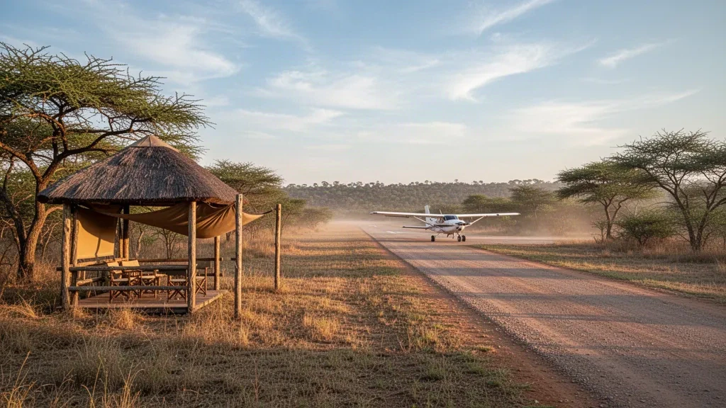 Petit avion léger sur la piste de brousse de l'aéroport de Tanda Tula dans la réserve naturelle privée de Timbavati à l'heure dorée