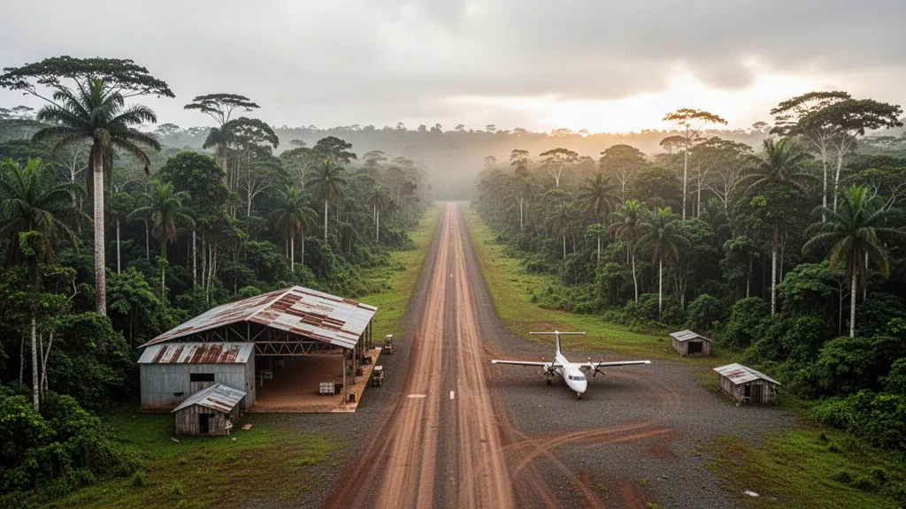 Pista remota dell'Aeroporto di Trompeteros nella foresta pluviale amazzonica peruviana, con un piccolo aereo parcheggiato e fitta giungla sotto una luce tropicale umida