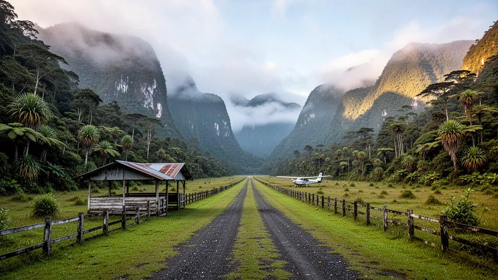 Piste d'atterrissage isolée en montagne à l'aéroport de Tifalmin en Papouasie-Nouvelle-Guinée, entourée de la forêt tropicale brumeuse des monts Star au lever du soleil