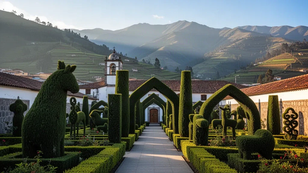 Figure verdi di cipressi topiaria e sentieri nel cimitero Jose Maria Azael Franco a Tulcan, Carchi, Ecuador, con le colline andine sullo sfondo
