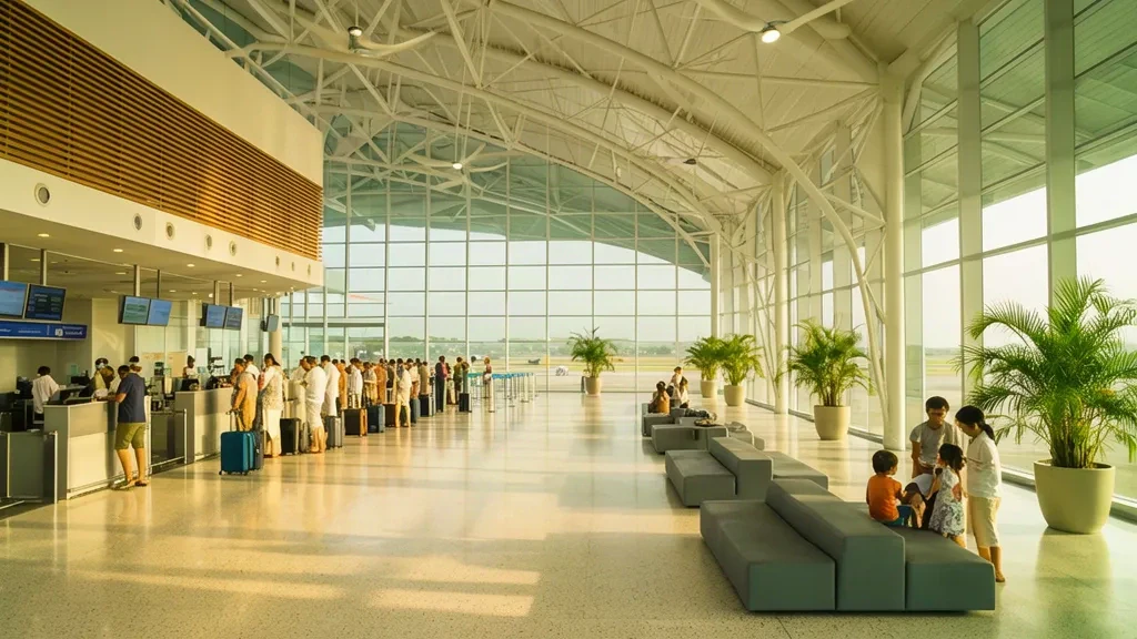 Luminosa sala partenze all'interno dell'aeroporto Sultan Mahmud di Kuala Terengganu, Malaysia, con viaggiatori che effettuano il check-in sotto la luce tropicale.