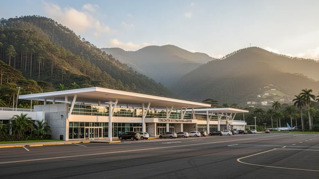 Tegucigalpa'daki Toncontín Uluslararası Havalimanı'nda terminal dış cephesi ve altın saatlerde yeşil dağ sırtlarıyla çevrili yol kenarı bırakma alanı.