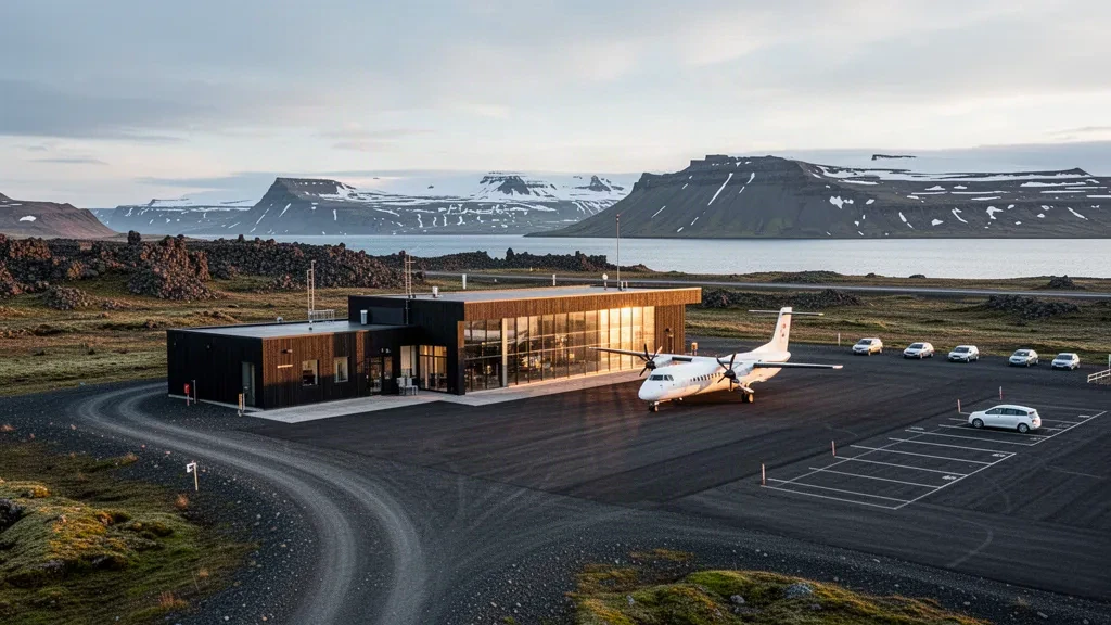 Terminal di un remoto aeroporto regionale islandese a Þórshöfn con un aereo biturboelica sul piazzale e montagne nell'ora dorata