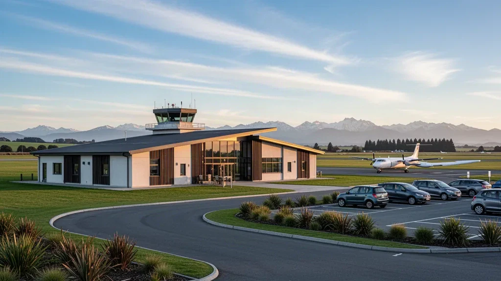 Extérieur d'un petit terminal régional à l'aéroport de Timaru dans le Canterbury, en Nouvelle-Zélande, avec un avion sur le tarmac à l'heure dorée