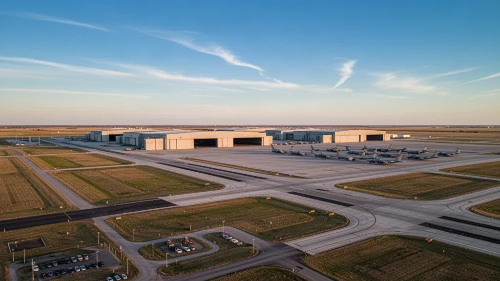 Veduta aerea della Tinker Air Force Base in Oklahoma durante l'ora d'oro, con piste convergenti, hangar di manutenzione e aerei parcheggiati sul piazzale