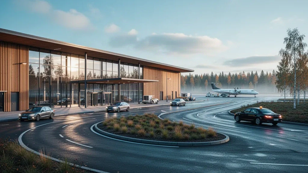 Modern glass and timber terminal exterior at Turku Airport in Finland, with apron aircraft, kerbside lanes and Nordic forest at golden hour