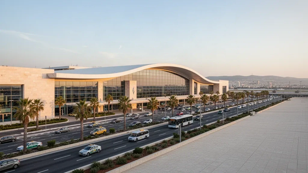 Terminal moderno bianco e curvo e corsie di sosta all'Aeroporto Internazionale Ben Gurion vicino a Tel Aviv nella luce dell'ora d'oro