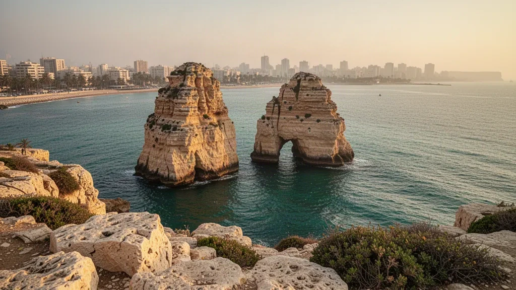 Vista a la hora dorada de los arcos marinos de las Rocas de los Pichones en la costa de Raouché de Beirut, en Líbano, con agua turquesa del Mediterráneo y un horizonte suave y brumoso.