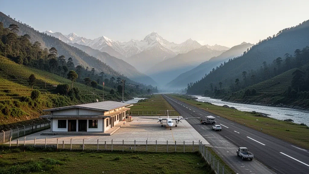 Nepal'deki Tumling Tar Havaalanı'nda yeşil Himalaya etekleri ve uzaktaki karlı zirvelerle çevrili küçük iç hat terminali ve pisti