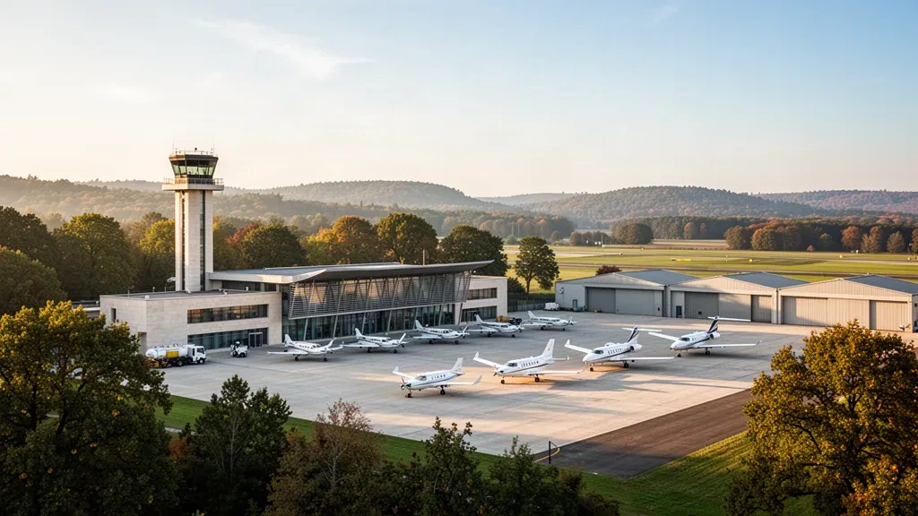Terminal moderne, tour de contrôle et aéronefs légers sur le tarmac de l'aéroport de Toussus-le-Noble, dans la campagne boisée d'Île-de-France